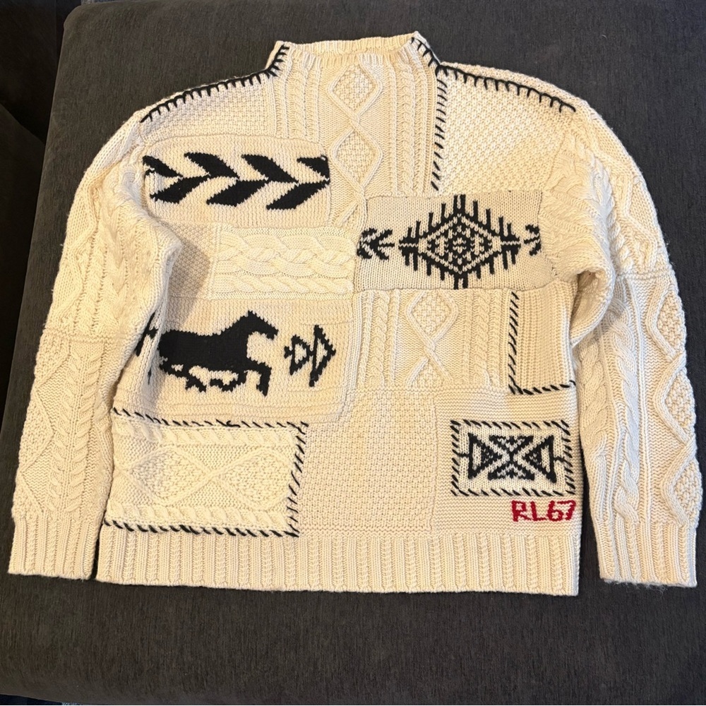 Ralph Lauren CableKnit Wool Alpaca Sweater Horse Equestrian Patchwork Mock Neck - Picture 1 of 7